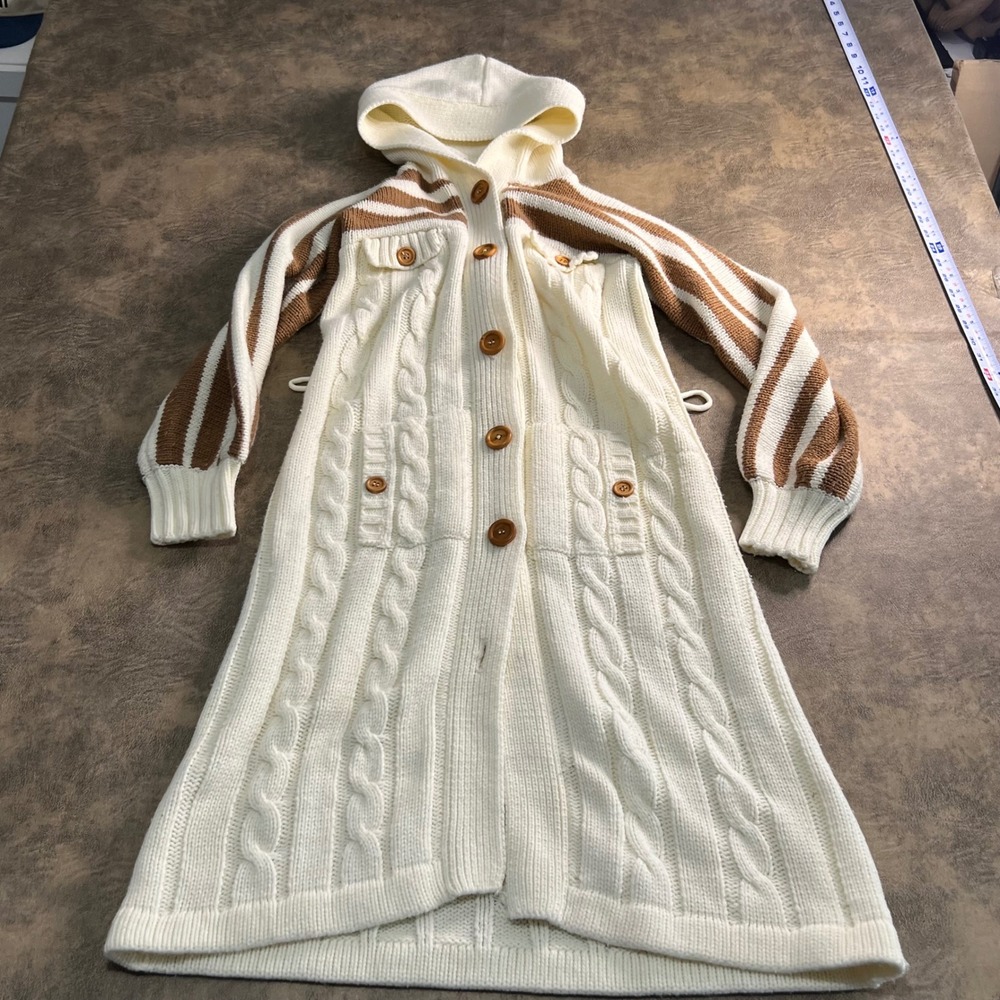 VTG Kmart Sweater Coat Womens L Cable Knit Hooded Cardigan True Vintage 60s